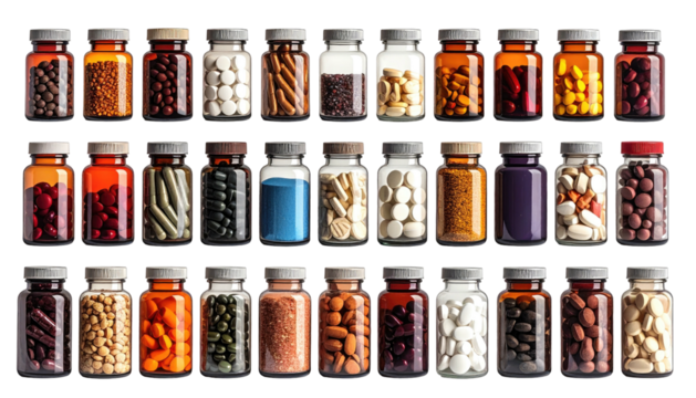 Rows of jars filled with varied pills, capsules, and ingredients