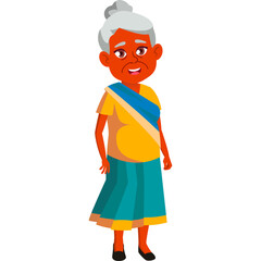 Elderly Indian Woman With Gray Hair Standing And Smiling Wearing A Yellow Top Blue Skirt And Blue Saree Drape With Orange Skin Tone And Dark Shoes