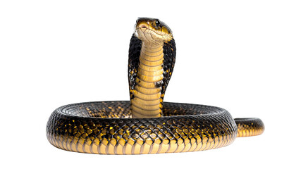 Cobra's yellow belly & black scales; posed, isolated on black