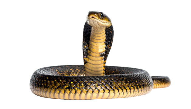Cobra's yellow belly & black scales; posed, isolated on black