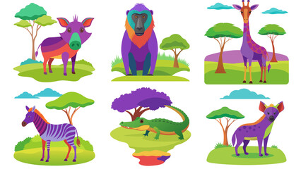 Set of funny cartoon vector animal illustrations in the garden with baby lion, elephant, cat, bird, and chicken