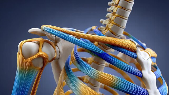 Anatomical illustration of human shoulder structure with detailed bone and muscle depiction