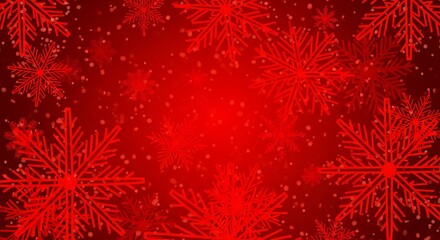 Vibrant red snowflakes fall gently against a deep crimson background creating a festive, winter wonderland scene perfect for holiday celebrations and seasonal promotions