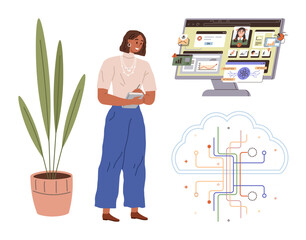 Woman with tablet near plant, computer with diverse workflows, data graphics, and cloud connections. Ideal for remote work, digital innovation, technology, data sharing, online learning