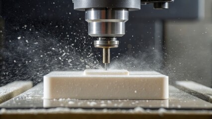 A close-up of a CNC milling machine cutting a material block, with water spray creating a dynamic and industrial effect.