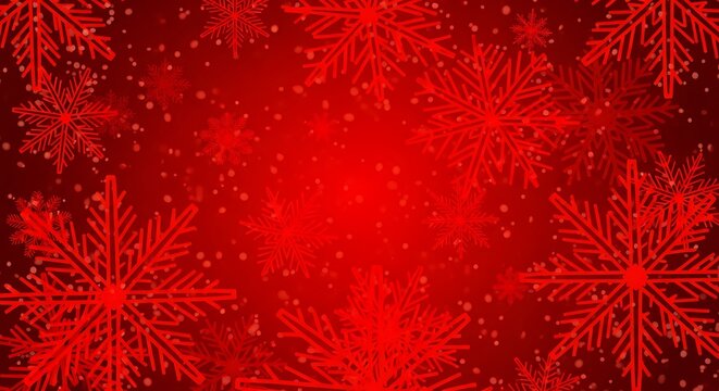 Vibrant red snowflakes fall gently against a deep crimson background creating a festive, winter wonderland scene perfect for holiday celebrations and seasonal promotions - Powered by Adobe