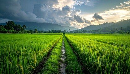 Fototapeta premium Beautiful green rice paddy field with a path leading to mountains under a cloudy sky