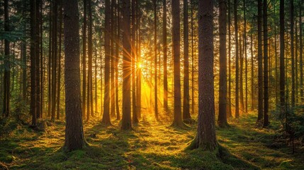 Fototapeta premium Sunlight beaming through tall trees in a dense forest during golden hour