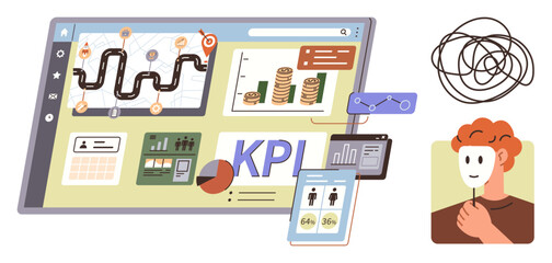 Digital dashboard displaying KPI metrics, financial growth charts, and analytics tools. Masked individual hints at duality and complexity. Ideal for business, analytics, strategy, growth