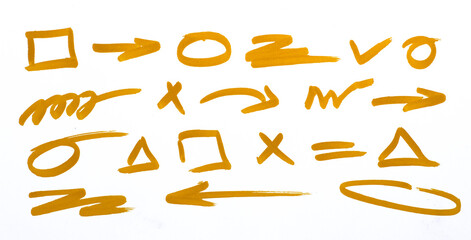 Highlight marker pen element set. Yellow color marker and brush stroke with highlight underline, check arrow and round circle. Doodle texture sketch shapes in school art style.