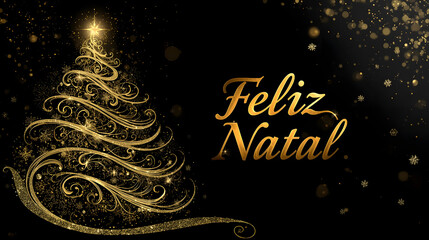 Abstract Golden Swirl Christmas Tree and 'Feliz Natal' on Black Background with Snowflakes