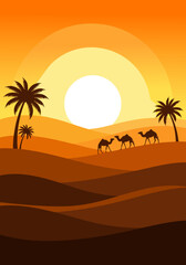 A serene desert landscape illustration showing a camel caravan crossing sandy dunes with palm trees under a vibrant orange sunset