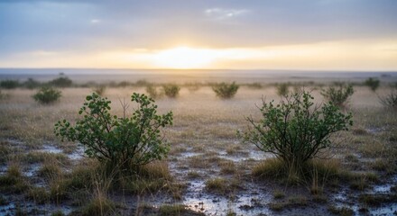 A hazy dawn scene, featuring low-lying bushes on a wet plain, under a soft, diffused sun