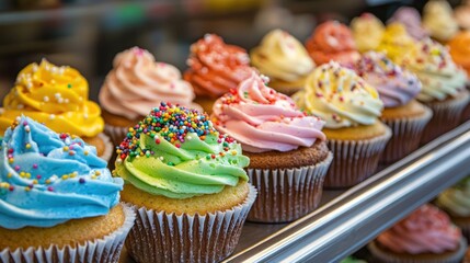 A tray of colorful frosted cupcakes arranged in a bakery display with sprinkles and tiny decorations