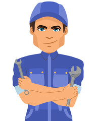 Cartoon vector illustration of a handyman holding tools isolated on transparent background. Male character for home repair services, plumbing, electrical and construction business branding