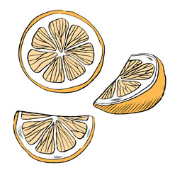 Cartoon vector illustration of a lemon chopped into slices isolated on transparent background. Clip art for healthy juice packaging