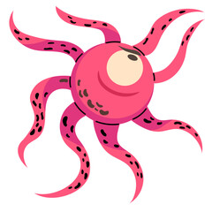 Cartoon vector illustration of a pink prehistoric octopus angry character isolated on transparent background. Clip art for marine fantasy art, games, mascot design and underwater adventure themes