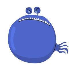 Cartoon vector illustration of a blue prehistoric angry fish character isolated on transparent background. Clip art for video games, aquatic fantasy stories, children’s books and mascot character desi