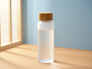 Clear glass water bottle with wooden lid on a table