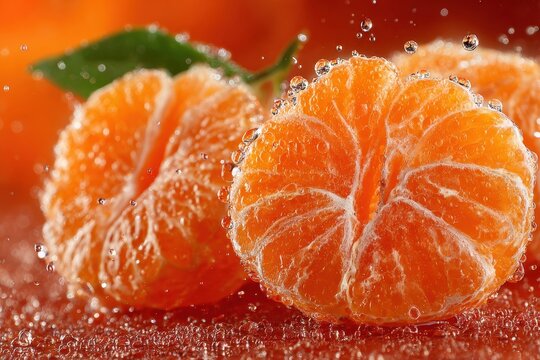 Fresh Mandarin Orange Segments with Water Drops Close Up