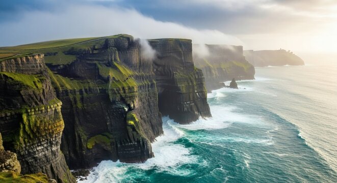 Majestic coastal cliffs with green slopes meet crashing waves under a cloudy sky