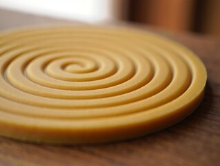 Close up of a golden spiral pattern on a wooden surface