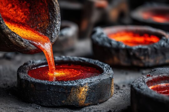 Molten metal being poured from a crucible in a foundry