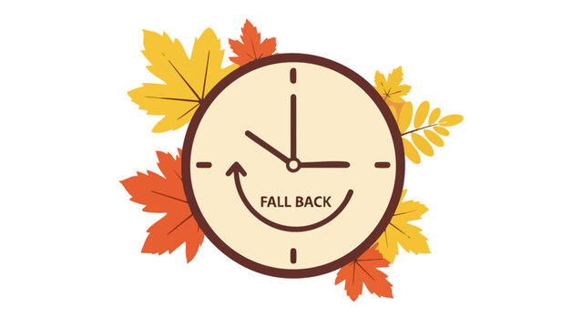 Clock with 'Fall Back' text and autumn leaves indicating the end of daylight saving time.