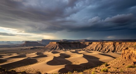 Expansive desert landscape featuring sand dunes, mesas, under a dramatic, stormy sky