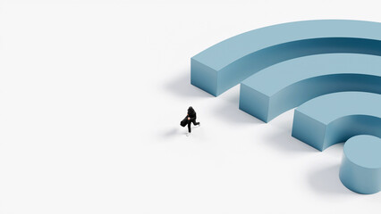 Thief running away from large WiFi symbol, concept of data theft, online hacking, digital crime, cybersecurity breach, and information leak, 3d render