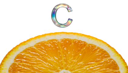 A juicy slice of fresh, ripe orange fruit with vibrant citrus color on a white background for a healthy food and vitamin-rich diet/showing vitamin C.