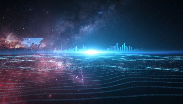 Abstract data visualization of digital city skyline in a cosmic space with vibrant blue and red tones for tech presentations