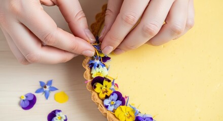 Hands decorating a tart with edible flowers on a