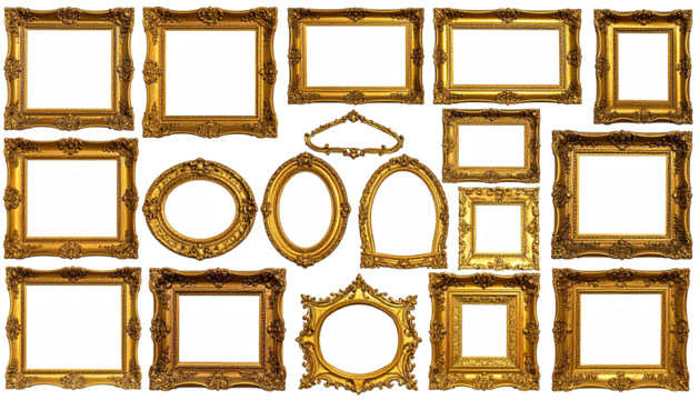Gold frames collage rectangular, oval, ornate, various sizes