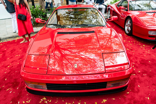 Miami, Florida, USA - February 16, 2025: Retro sportscar Ferrari F8 Tributo. Car Ferrari F8 Tributo parked outdoor. Red sportscar, front view. Ferrari Testarossa retro sport car.