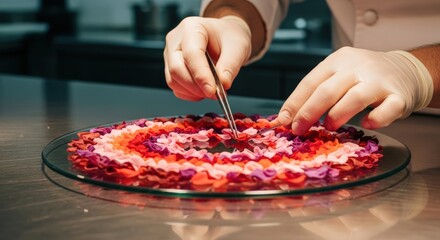 Chef arranging strawberry dessert on plate in