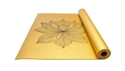 Yellow yoga mat with drawn lotus flower, partially rolled