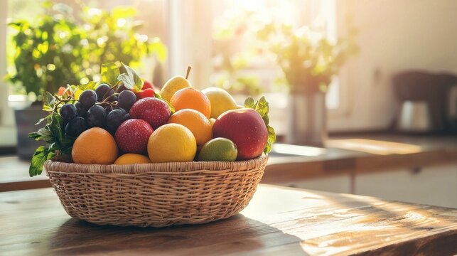 A vibrant handwoven basket filled with fresh fruits sitting on a rustic wooden table in a sunlit kitchen