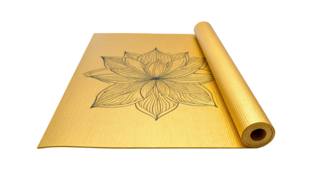 Yellow yoga mat with drawn lotus flower, partially rolled - Powered by Adobe