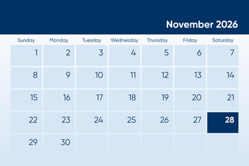 28 November 2026 calendar day design. It shows 2026 November 28 date calendar page