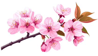 Pink cherry blossoms bloom on a branch, digitally rendered