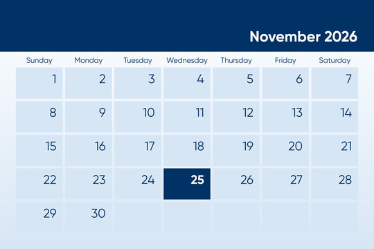 25 November 2026 calendar day design. It shows 2026 November 25 date calendar page