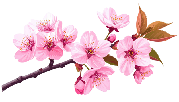 Pink cherry blossoms bloom on a branch, digitally rendered