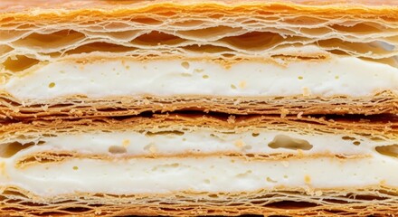 Close-up of layered pastry with a golden crust