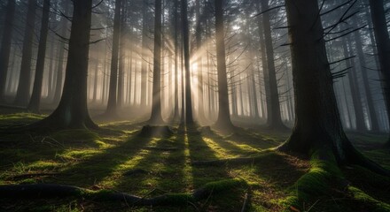 Mystical forest scene with tall trees, sunlight piercing through mist, and mossy ground