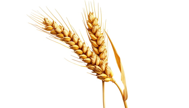 Two golden wheat stalks showcased against a stark black backdrop