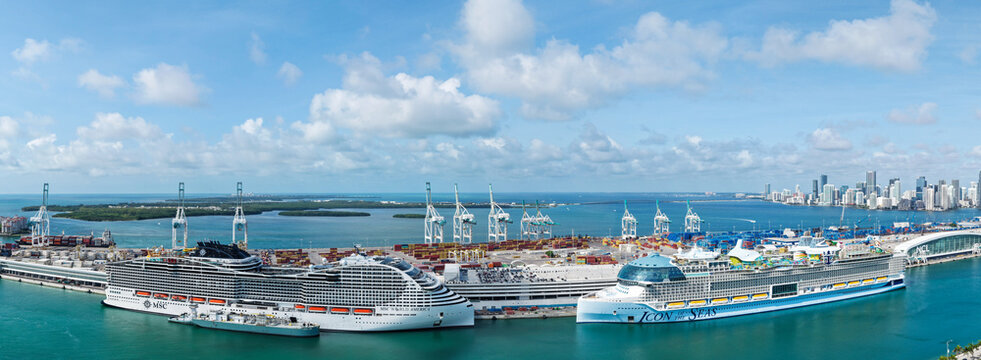 Miami, Florida, USA - May 17, 2025: MSC cruises and Royal Caribbean International cruise line. Cruise ship panorama. Ship in Miami port. MSC World America and Icon of the seas cruise ship voyage