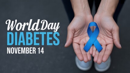 A person holding a blue ribbon for world diabetes day on november fourteenth in their hands close up