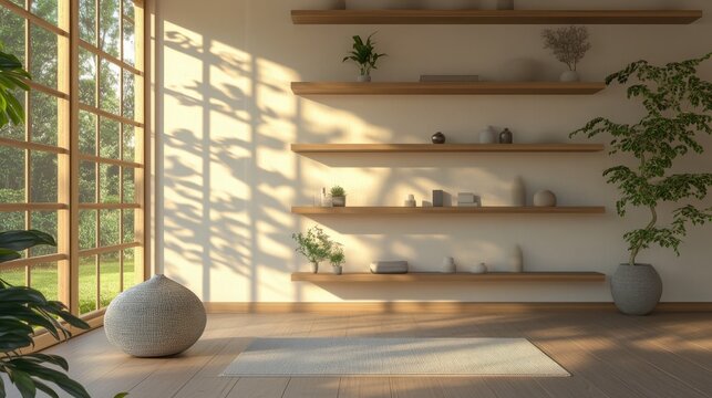 Bright Room with Wooden Shelves Plants and Stone Object Near Large Window Interior Design with Hard Light