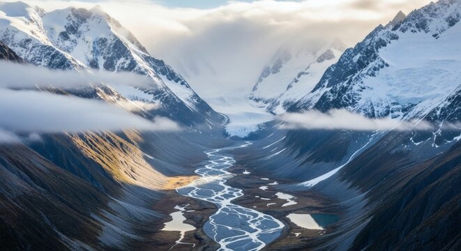 Aerial view of a glacial valley, with a river flowing between snow-capped mountains and clouds - Powered by Adobe